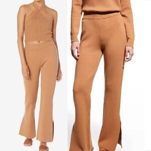 Monrow Waffle Knit Lounge Set Cropped Sweater & Mid-Rise Pants Side Split